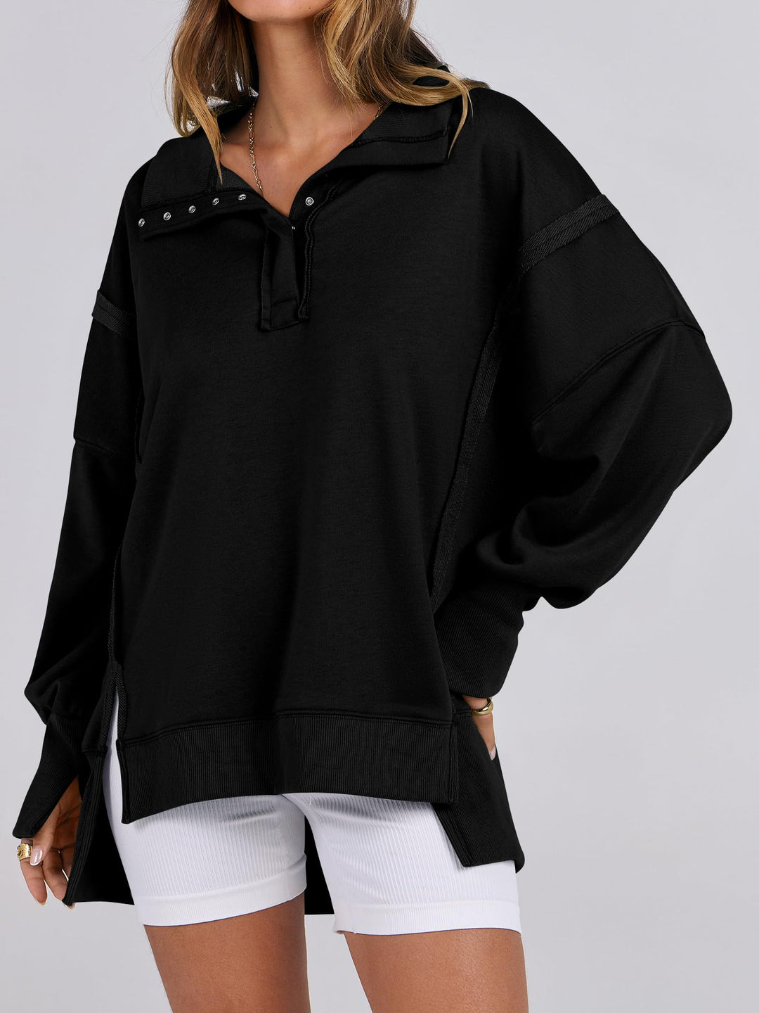 ANRABESS Women's Sweatshirts Oversized Casual Loose Button Up Henley Pullover Top High Low Split 2026 Fall Fashion Outfits