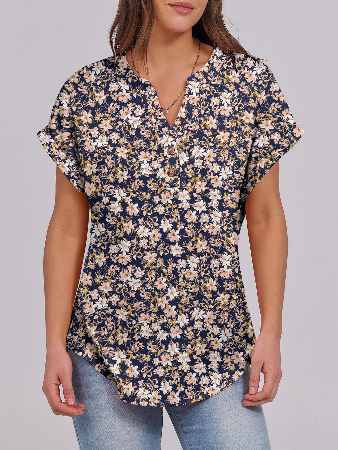 ANRABESS Women's Short Sleeve V-Neck Henley Top