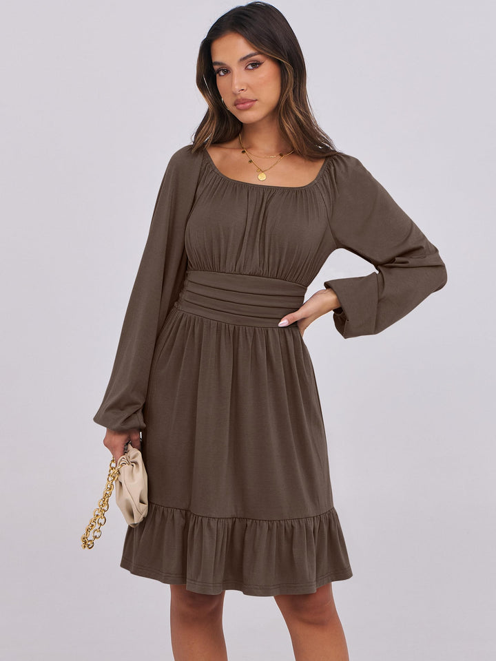 ANRABESS Womens Dress Long Lantern Sleeve Square Neck Elastic Waist Ruffle Flowy Swing A-Line Short Dresses 2026 Fall Fashion