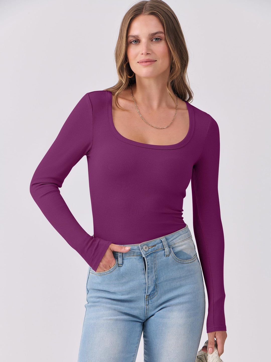 ANRABESS Long Sleeve Shirts for Women Ribbed Knit Slim Fitted Casual Tops Scoop Neck Basic Tee Spring Fall Fashion Clothes