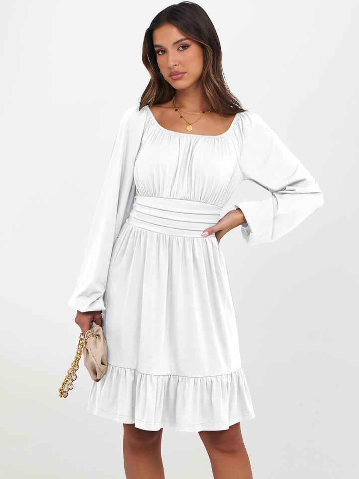ANRABESS Womens Dress Long Lantern Sleeve Square Neck Elastic Waist Ruffle Flowy Swing A-Line Short Dresses 2026 Fall Fashion