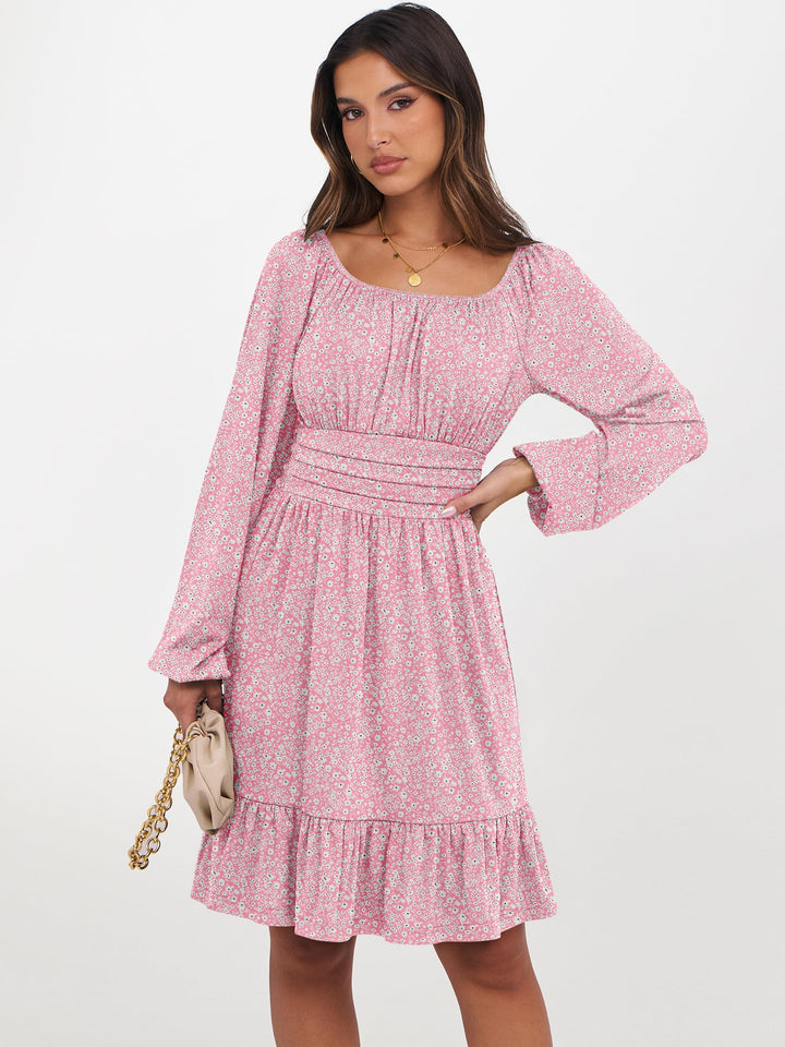ANRABESS Womens Dress Long Lantern Sleeve Square Neck Elastic Waist Ruffle Flowy Swing A-Line Short Dresses 2026 Fall Fashion