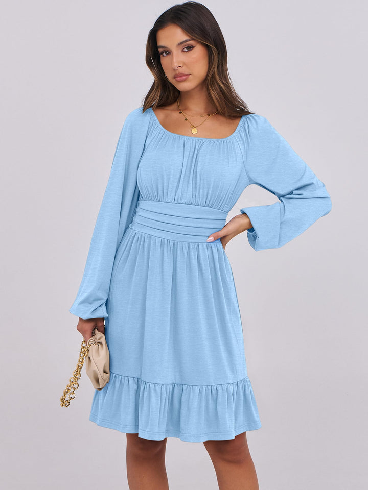 ANRABESS Womens Dress Long Lantern Sleeve Square Neck Elastic Waist Ruffle Flowy Swing A-Line Short Dresses 2026 Fall Fashion