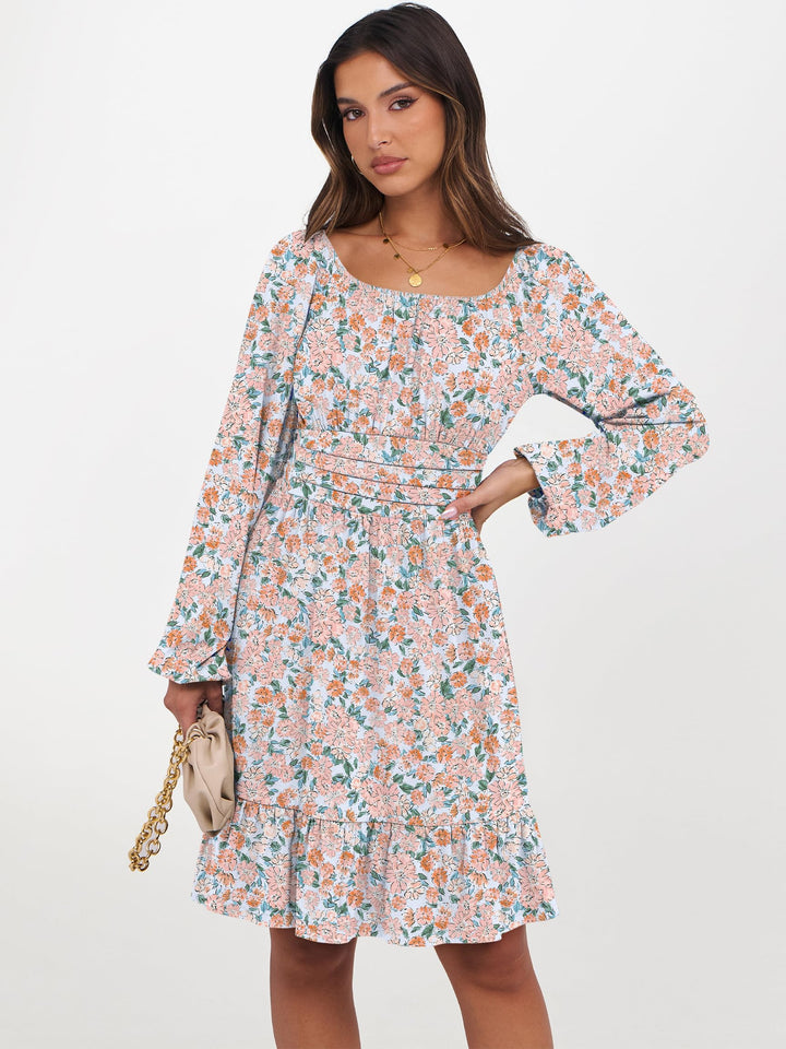 ANRABESS Womens Dress Long Lantern Sleeve Square Neck Elastic Waist Ruffle Flowy Swing A-Line Short Dresses 2026 Fall Fashion