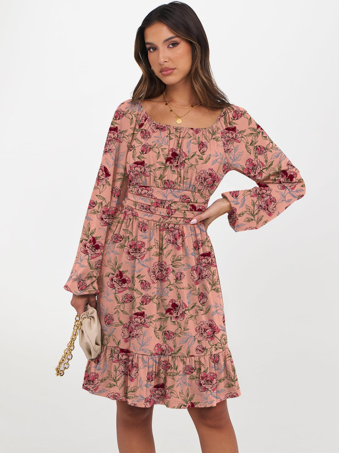 ANRABESS Womens Dress Long Lantern Sleeve Square Neck Elastic Waist Ruffle Flowy Swing A-Line Short Dresses 2026 Fall Fashion