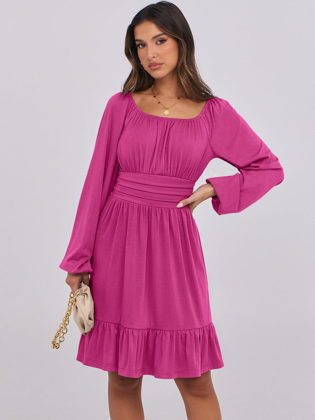 ANRABESS Womens Dress Long Lantern Sleeve Square Neck Elastic Waist Ruffle Flowy Swing A-Line Short Dresses 2026 Fall Fashion