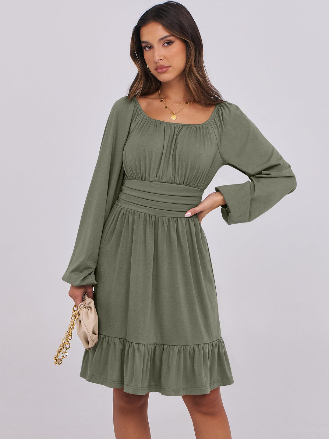 ANRABESS Womens Dress Long Lantern Sleeve Square Neck Elastic Waist Ruffle Flowy Swing A-Line Short Dresses 2026 Fall Fashion