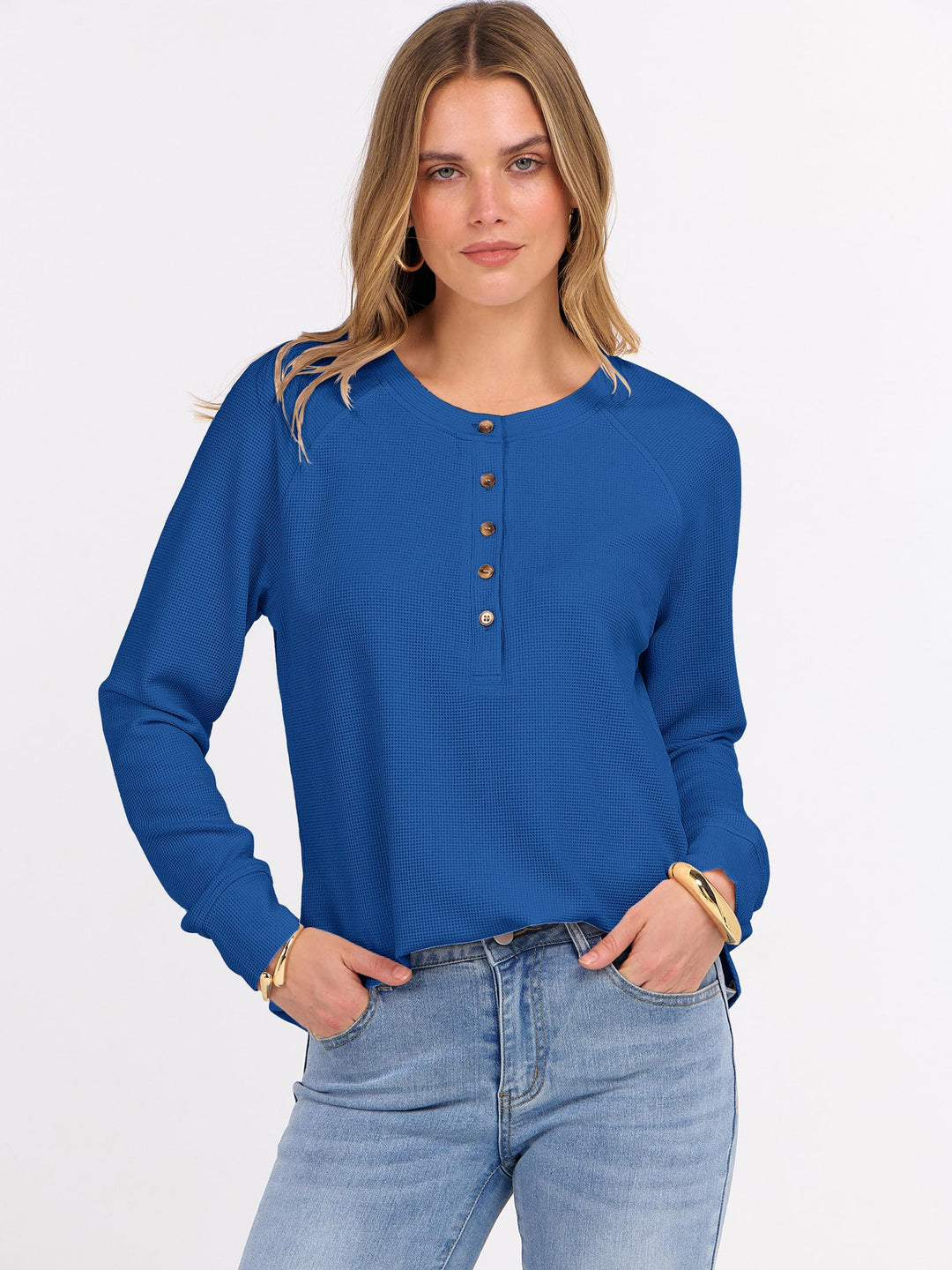 ANRABESS Long Sleeve Waffle Knit Shirts for Women Spring Fall Dressy Casual Button Up V Neck Henley Tops Loose Basic Tees Winter Clothes