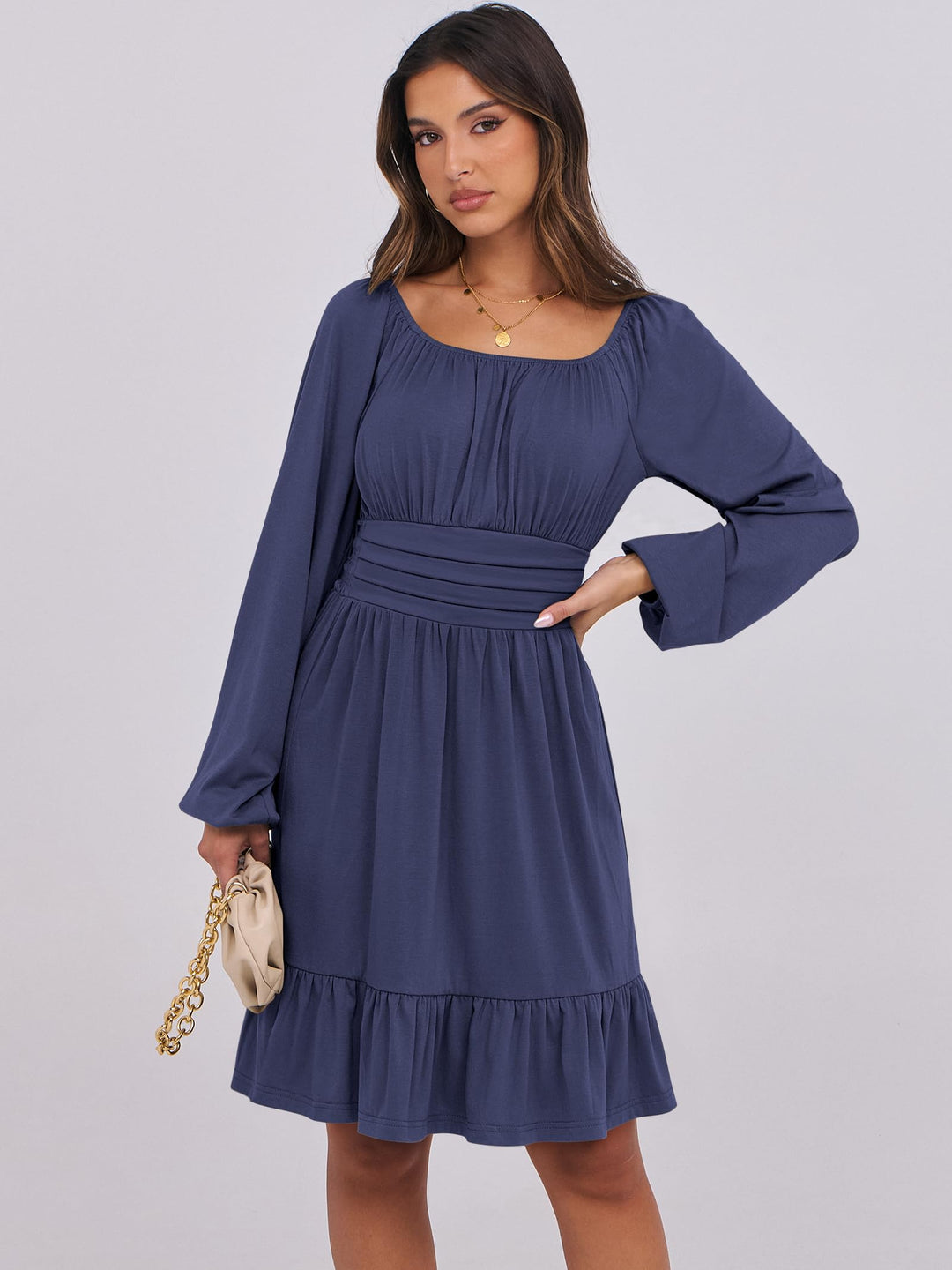 ANRABESS Womens Dress Long Lantern Sleeve Square Neck Elastic Waist Ruffle Flowy Swing A-Line Short Dresses 2026 Fall Fashion