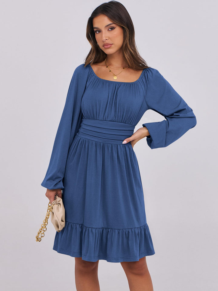 ANRABESS Womens Dress Long Lantern Sleeve Square Neck Elastic Waist Ruffle Flowy Swing A-Line Short Dresses 2026 Fall Fashion