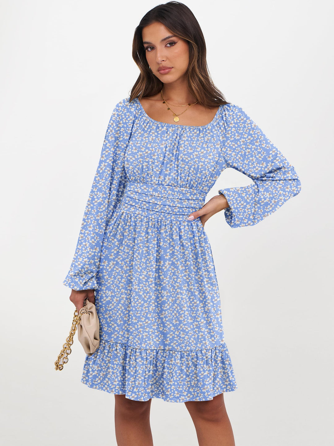 ANRABESS Womens Dress Long Lantern Sleeve Square Neck Elastic Waist Ruffle Flowy Swing A-Line Short Dresses 2026 Fall Fashion