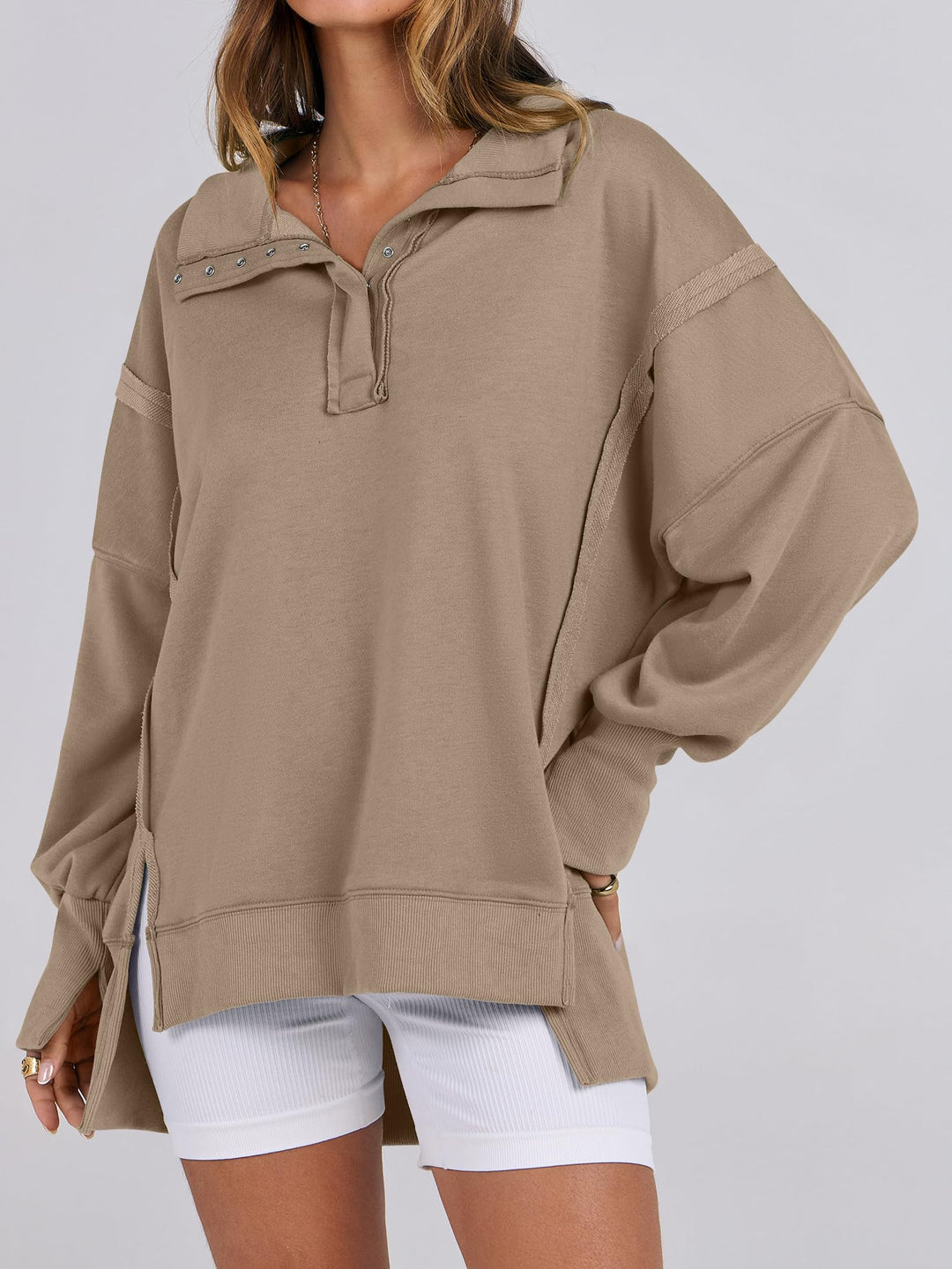 ANRABESS Women's Sweatshirts Oversized Casual Loose Button Up Henley Pullover Top High Low Split 2026 Fall Fashion Outfits