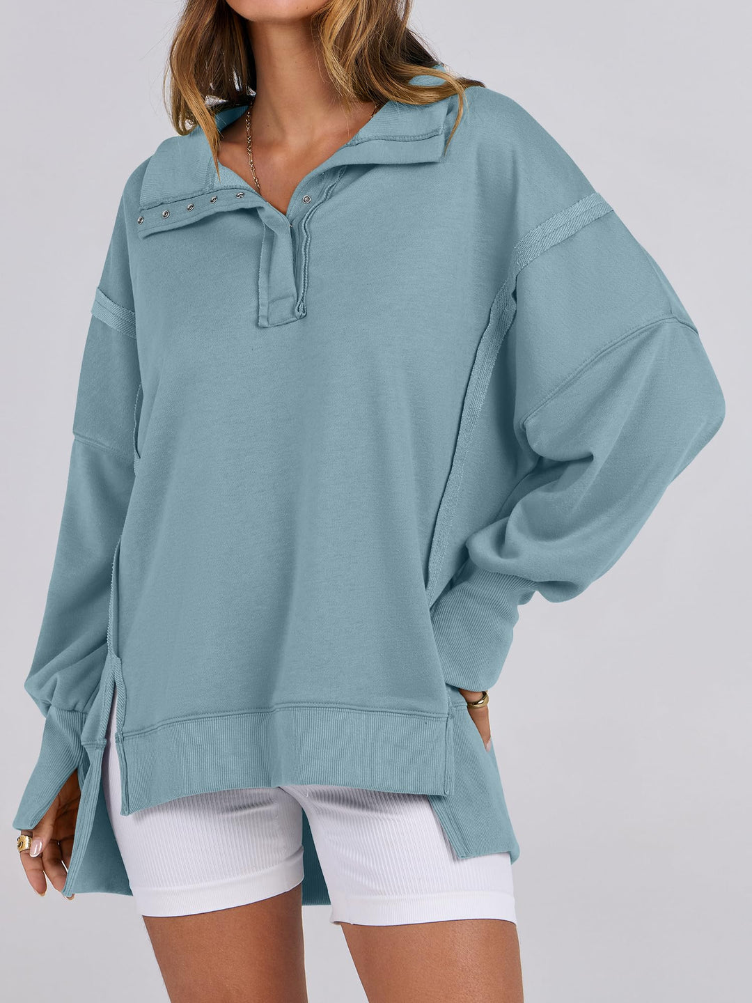 ANRABESS Women's Sweatshirts Oversized Casual Loose Button Up Henley Pullover Top High Low Split 2026 Fall Fashion Outfits