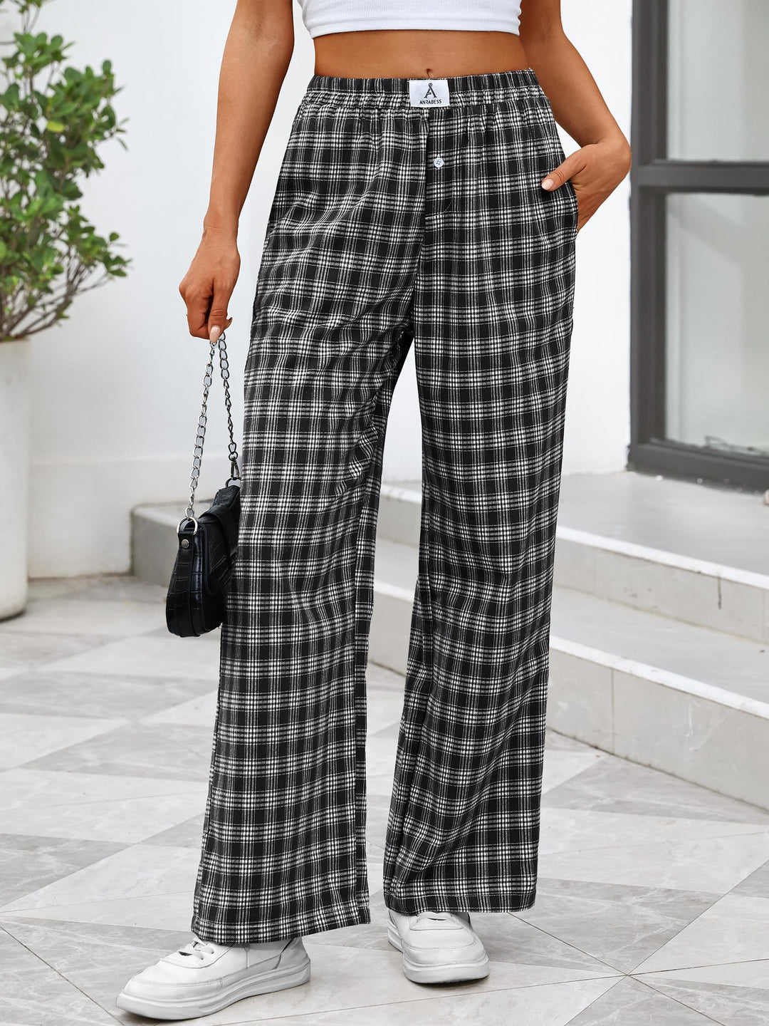ANRABESS Womens Gingham Striped Boxer Pants | Wide Leg Elastic Waist with Pockets, Lounge Pajama Bottoms Home Daily Wear, Lightweight Breathable, Casual Summer Fall