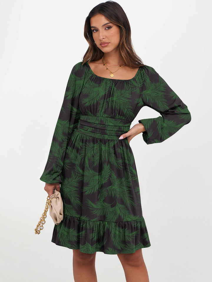 ANRABESS Womens Dress Long Lantern Sleeve Square Neck Elastic Waist Ruffle Flowy Swing A-Line Short Dresses 2026 Fall Fashion