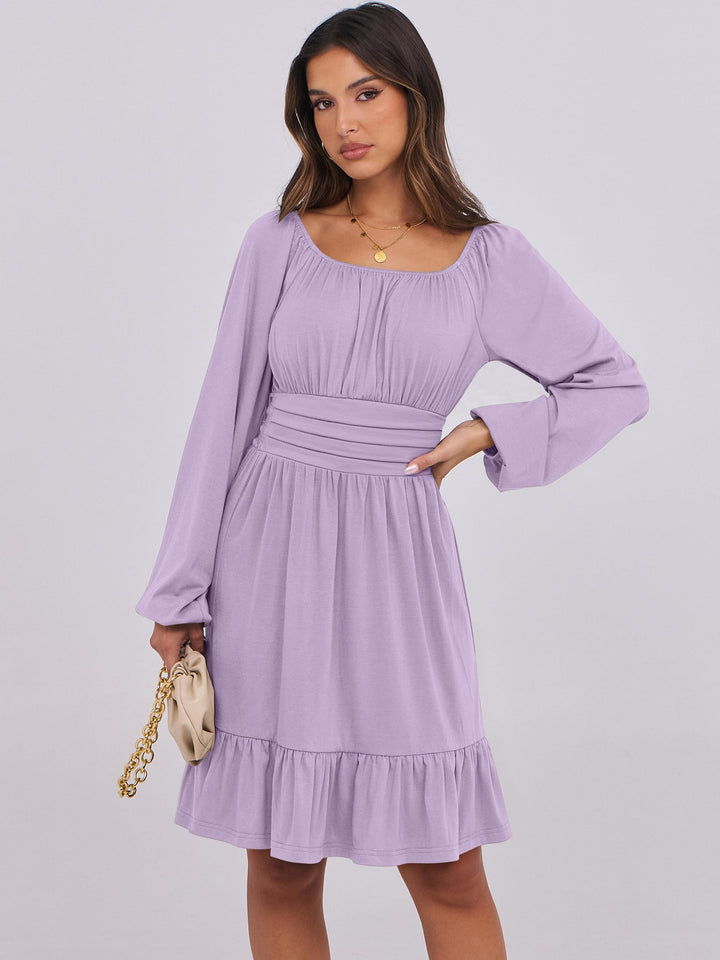 ANRABESS Womens Dress Long Lantern Sleeve Square Neck Elastic Waist Ruffle Flowy Swing A-Line Short Dresses 2026 Fall Fashion