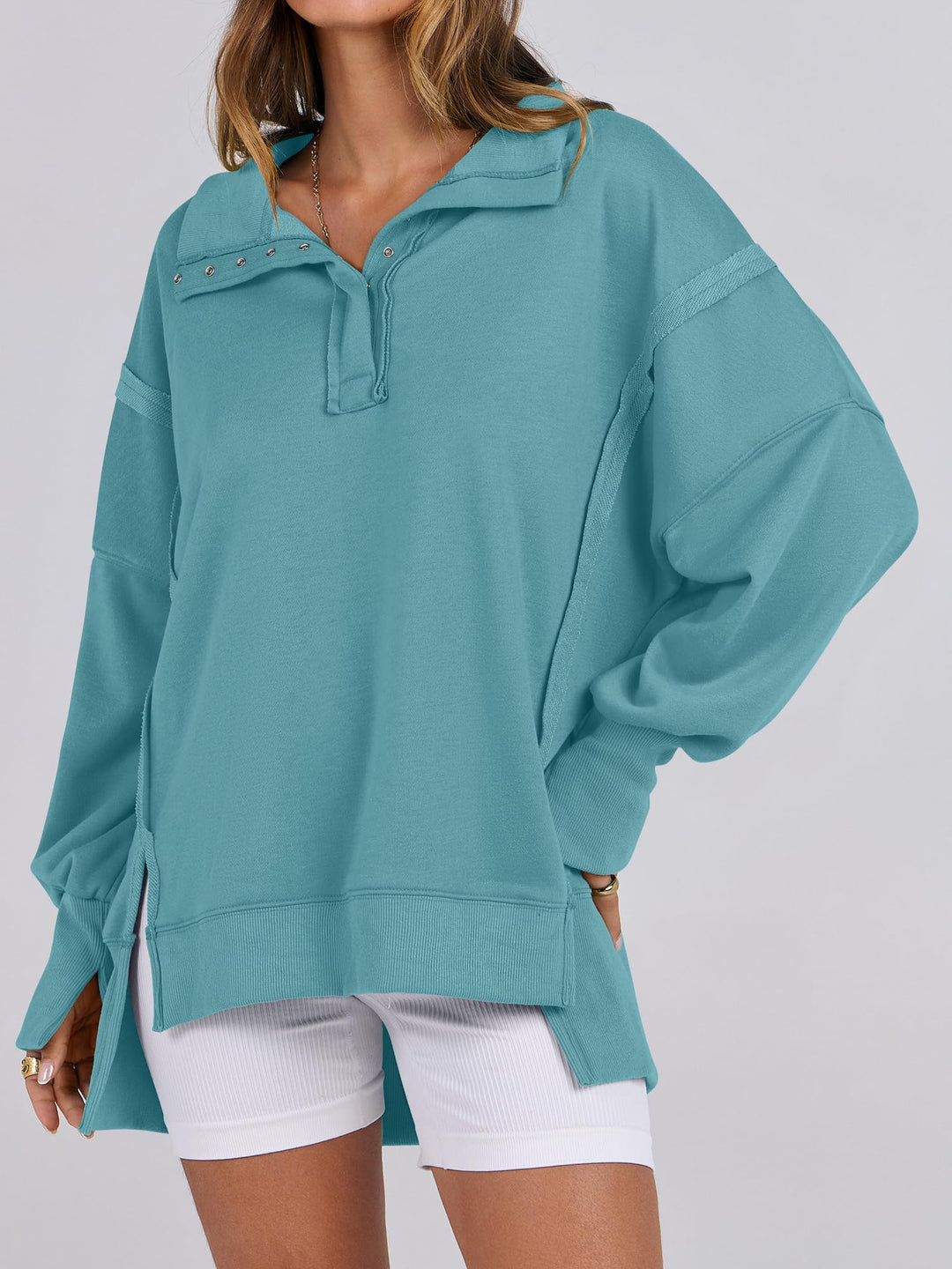ANRABESS Women's Sweatshirts Oversized Casual Loose Button Up Henley Pullover Top High Low Split 2026 Fall Fashion Outfits