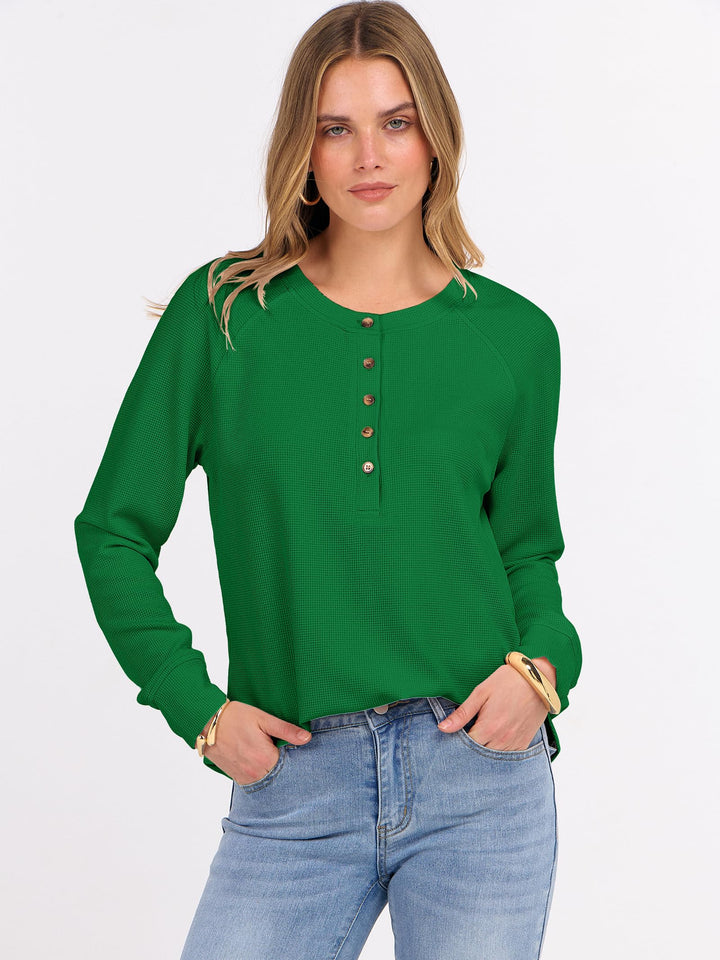 ANRABESS Long Sleeve Waffle Knit Shirts for Women Spring Fall Dressy Casual Button Up V Neck Henley Tops Loose Basic Tees Winter Clothes