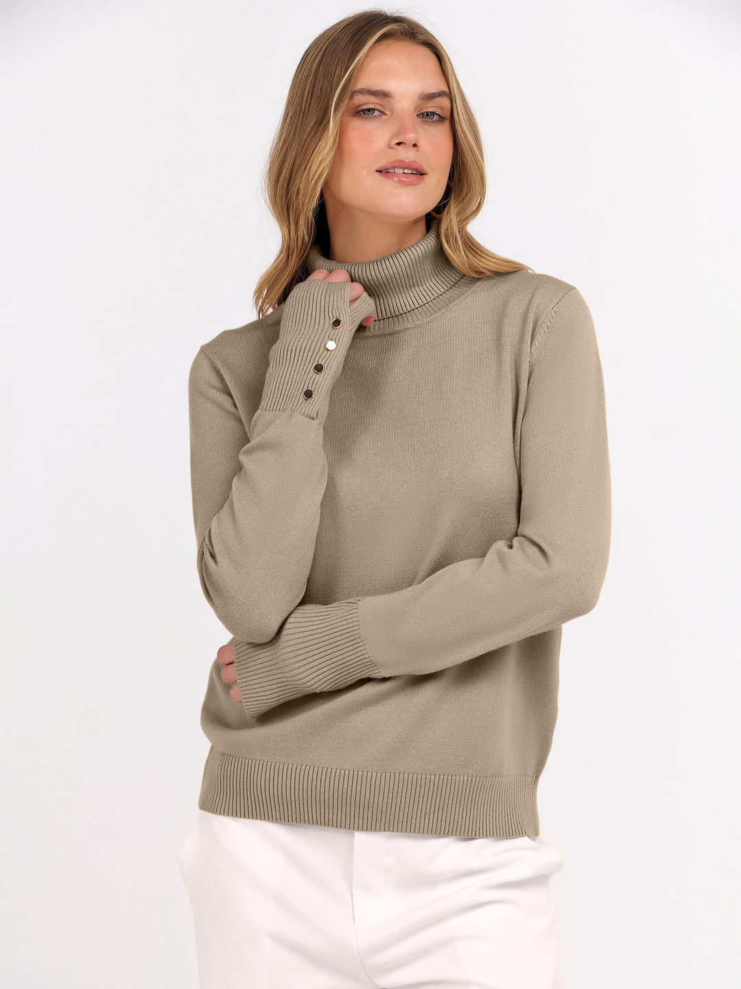 ANRABESS Turtleneck Sweaters for Women Long Sleeve Tops | 2026 Fall Winter Fashion Clothes, Office Work Daily Wear Dressy Casual Outfits, Soft Knitted Ribbed Button-Cuff Pullover Top