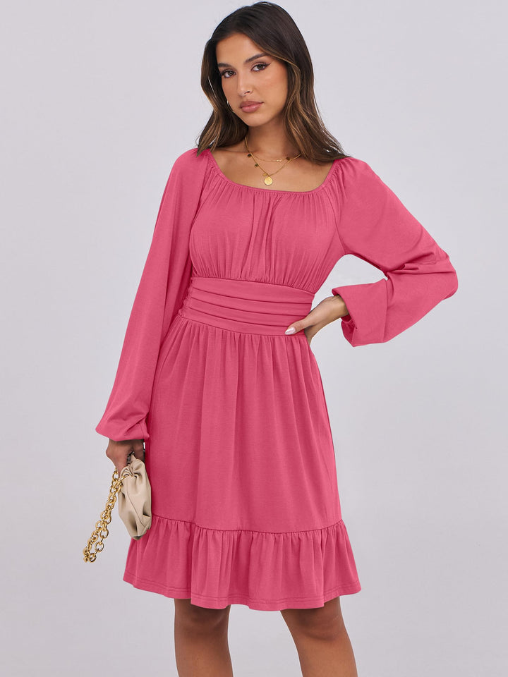 ANRABESS Womens Dress Long Lantern Sleeve Square Neck Elastic Waist Ruffle Flowy Swing A-Line Short Dresses 2026 Fall Fashion