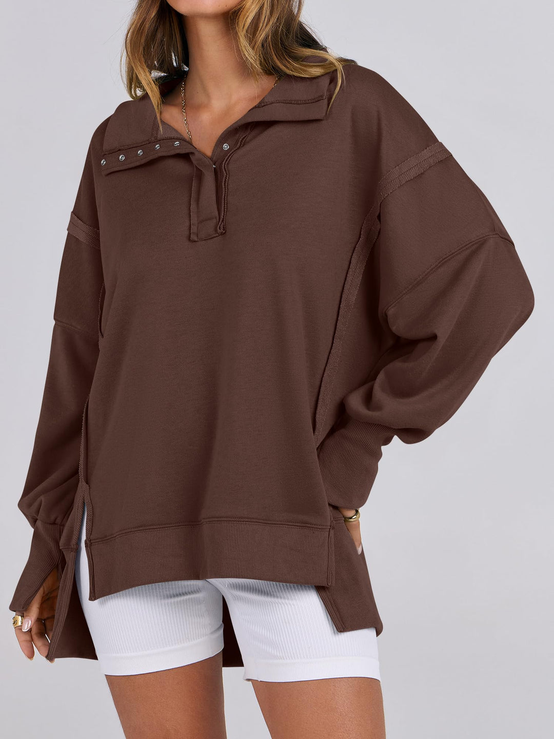 ANRABESS Women's Sweatshirts Oversized Casual Loose Button Up Henley Pullover Top High Low Split 2026 Fall Fashion Outfits