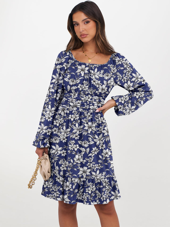 ANRABESS Womens Dress Long Lantern Sleeve Square Neck Elastic Waist Ruffle Flowy Swing A-Line Short Dresses 2026 Fall Fashion