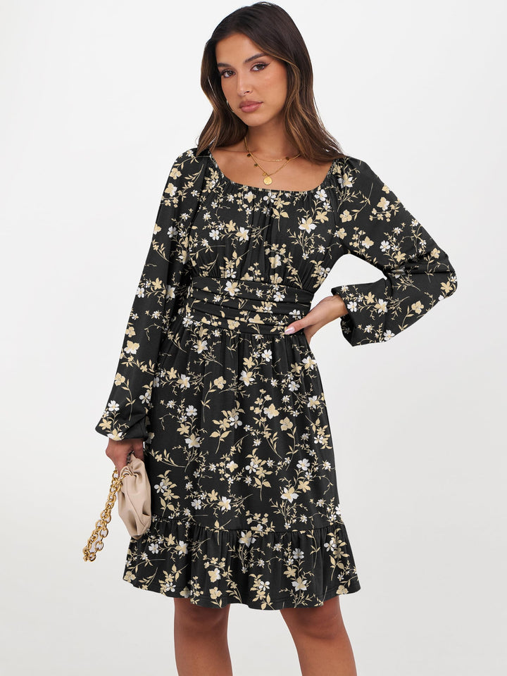 ANRABESS Womens Dress Long Lantern Sleeve Square Neck Elastic Waist Ruffle Flowy Swing A-Line Short Dresses 2026 Fall Fashion