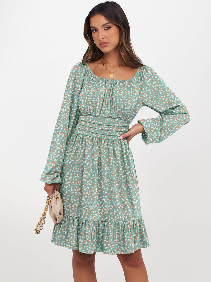 ANRABESS Womens Dress Long Lantern Sleeve Square Neck Elastic Waist Ruffle Flowy Swing A-Line Short Dresses 2026 Fall Fashion