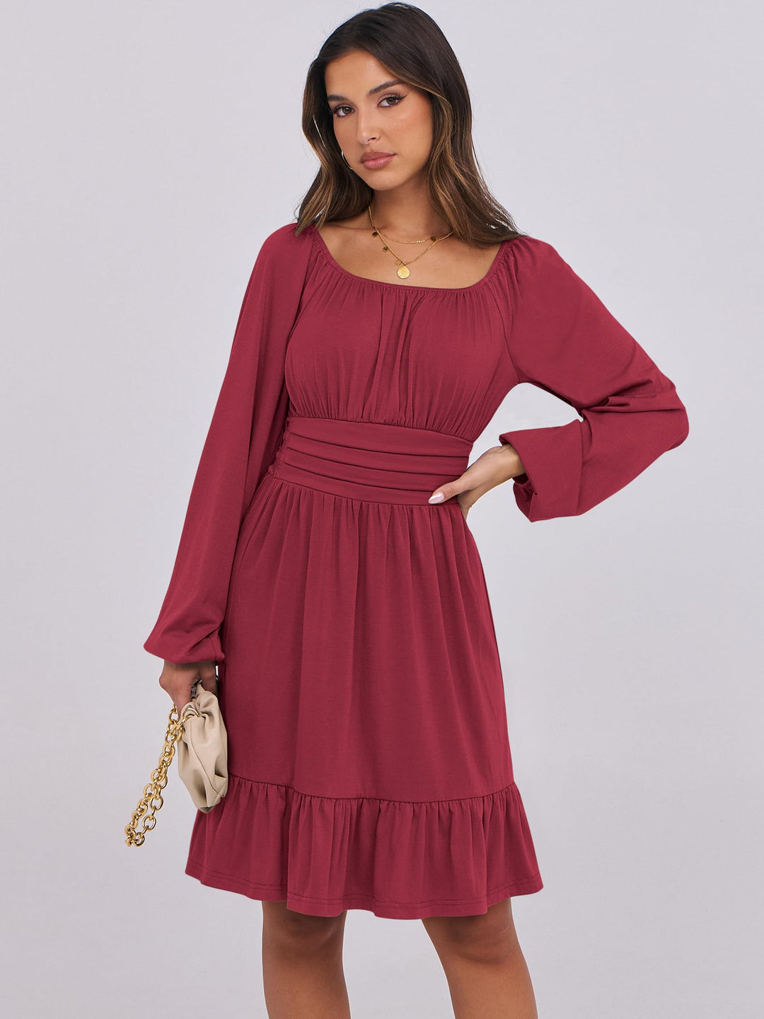 ANRABESS Womens Dress Long Lantern Sleeve Square Neck Elastic Waist Ruffle Flowy Swing A-Line Short Dresses 2026 Fall Fashion