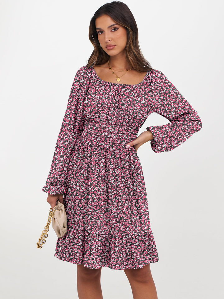 ANRABESS Womens Dress Long Lantern Sleeve Square Neck Elastic Waist Ruffle Flowy Swing A-Line Short Dresses 2026 Fall Fashion