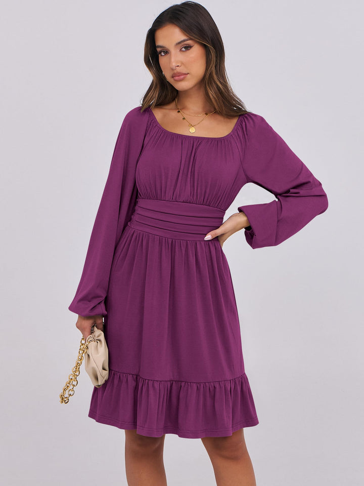 ANRABESS Womens Dress Long Lantern Sleeve Square Neck Elastic Waist Ruffle Flowy Swing A-Line Short Dresses 2026 Fall Fashion