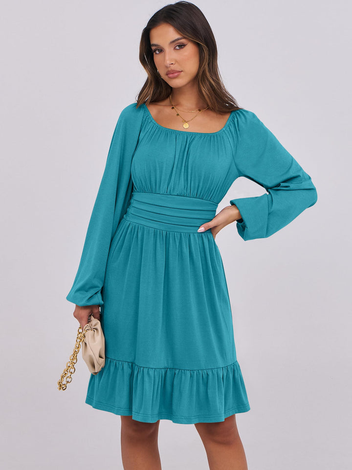 ANRABESS Womens Dress Long Lantern Sleeve Square Neck Elastic Waist Ruffle Flowy Swing A-Line Short Dresses 2026 Fall Fashion