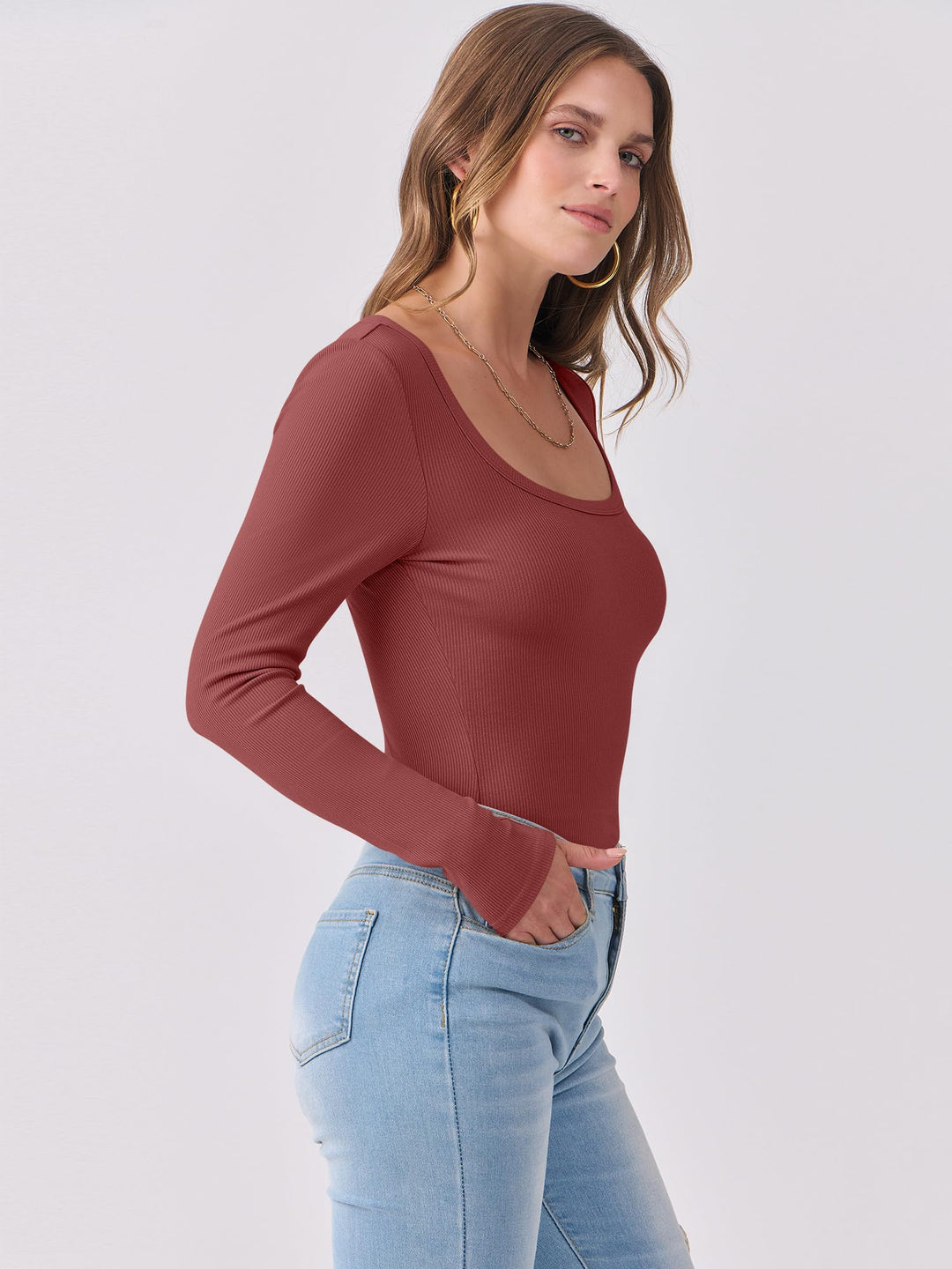 ANRABESS Long Sleeve Shirts for Women Ribbed Knit Slim Fitted Casual Tops Scoop Neck Basic Tee Spring Fall Fashion Clothes