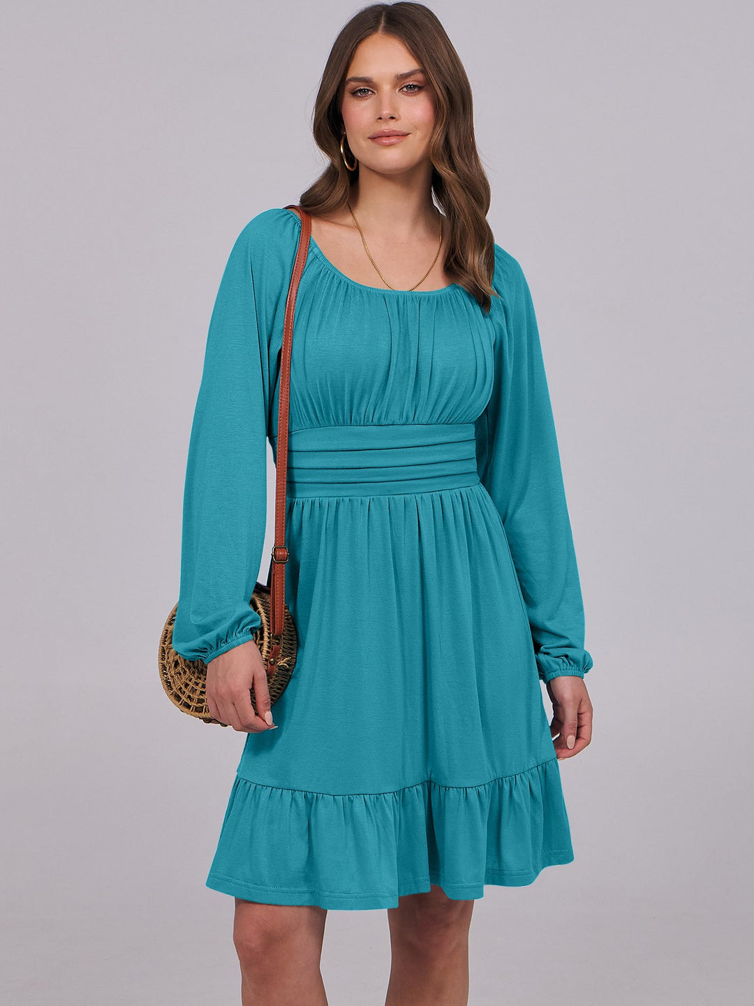 ANRABESS Womens Dress Long Lantern Sleeve Square Neck Elastic Waist Ruffle Flowy Swing A-Line Short Dresses 2026 Fall Fashion