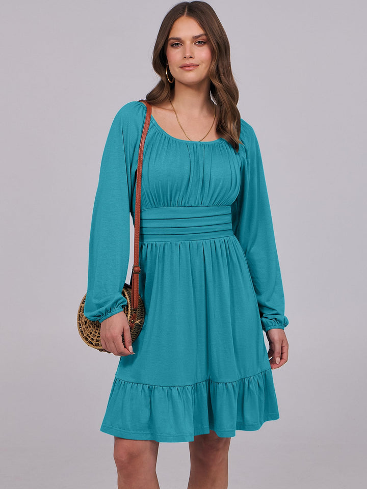ANRABESS Womens Dress Long Lantern Sleeve Square Neck Elastic Waist Ruffle Flowy Swing A-Line Short Dresses 2026 Fall Fashion