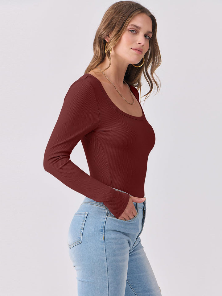 ANRABESS Long Sleeve Shirts for Women Ribbed Knit Slim Fitted Casual Tops Scoop Neck Basic Tee Spring Fall Fashion Clothes