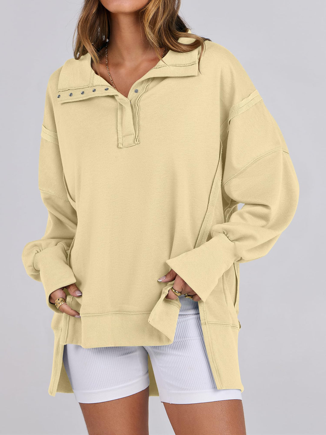 ANRABESS Women's Sweatshirts Oversized Casual Loose Button Up Henley Pullover Top High Low Split 2026 Fall Fashion Outfits