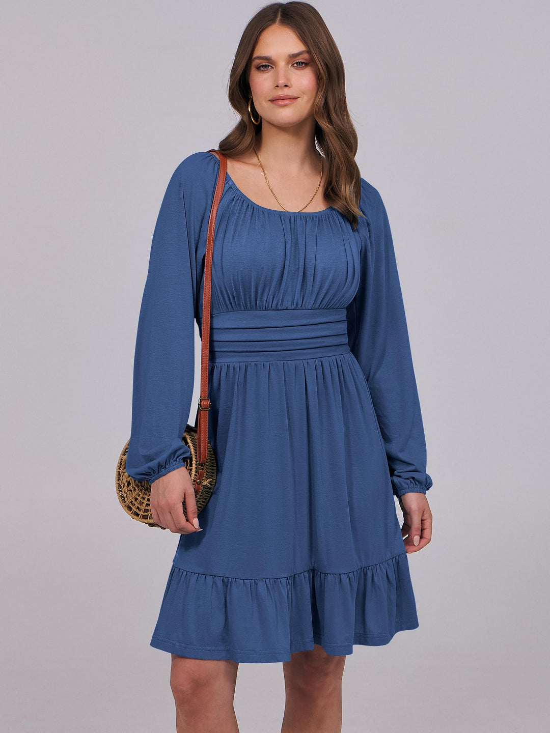 ANRABESS Womens Dress Long Lantern Sleeve Square Neck Elastic Waist Ruffle Flowy Swing A-Line Short Dresses 2026 Fall Fashion