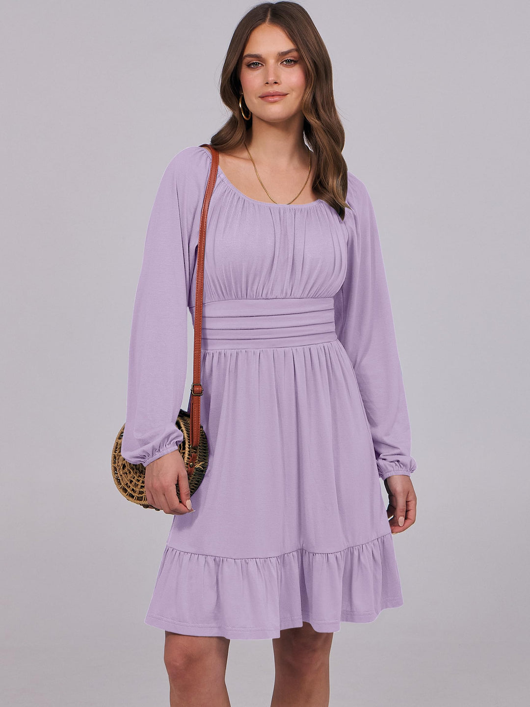 ANRABESS Womens Dress Long Lantern Sleeve Square Neck Elastic Waist Ruffle Flowy Swing A-Line Short Dresses 2026 Fall Fashion