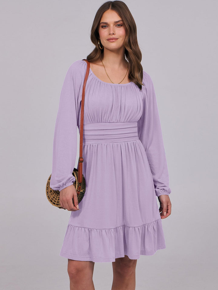 ANRABESS Womens Dress Long Lantern Sleeve Square Neck Elastic Waist Ruffle Flowy Swing A-Line Short Dresses 2026 Fall Fashion