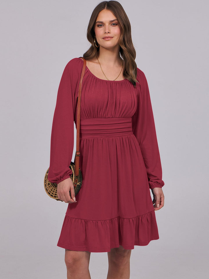 ANRABESS Womens Dress Long Lantern Sleeve Square Neck Elastic Waist Ruffle Flowy Swing A-Line Short Dresses 2026 Fall Fashion