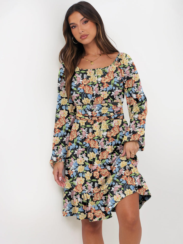 ANRABESS Womens Dress Long Lantern Sleeve Square Neck Elastic Waist Ruffle Flowy Swing A-Line Short Dresses 2026 Fall Fashion