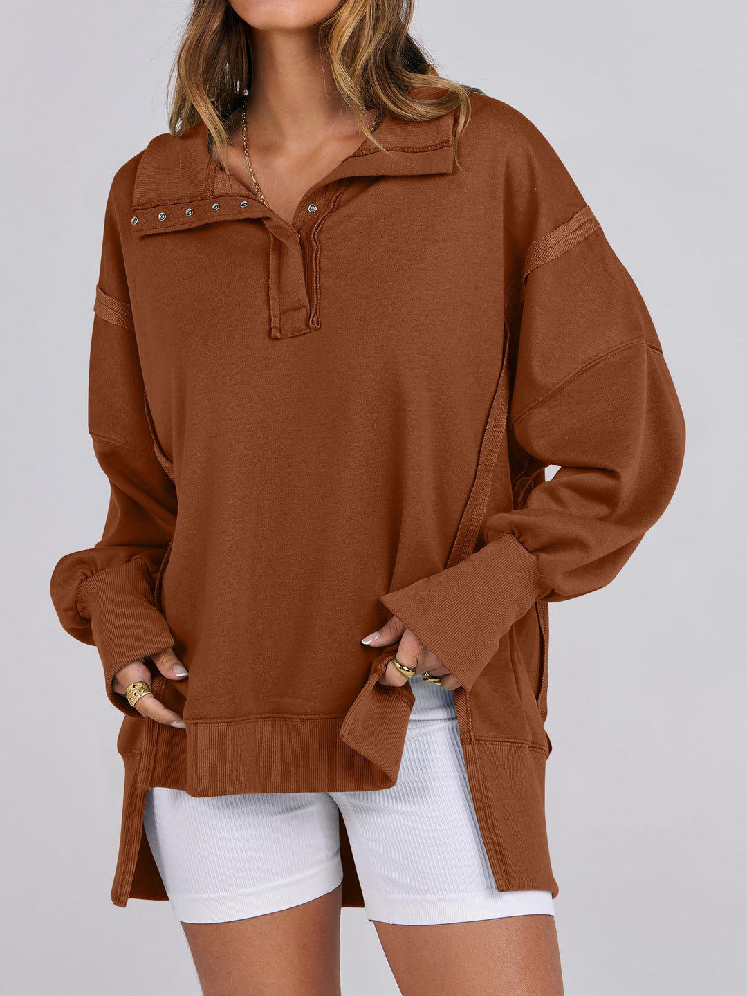 ANRABESS Women's Sweatshirts Oversized Casual Loose Button Up Henley Pullover Top High Low Split 2026 Fall Fashion Outfits