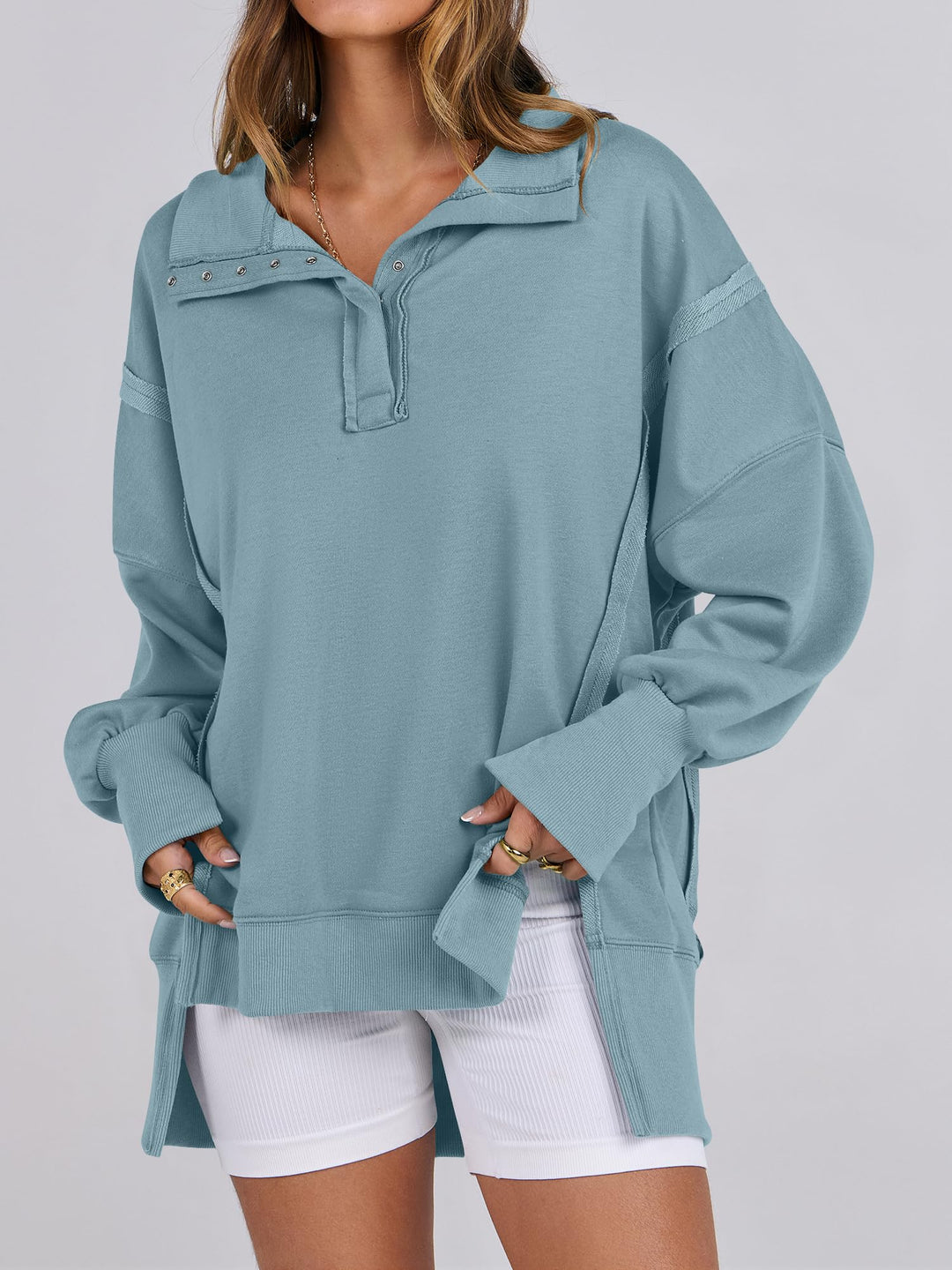 ANRABESS Women's Sweatshirts Oversized Casual Loose Button Up Henley Pullover Top High Low Split 2026 Fall Fashion Outfits