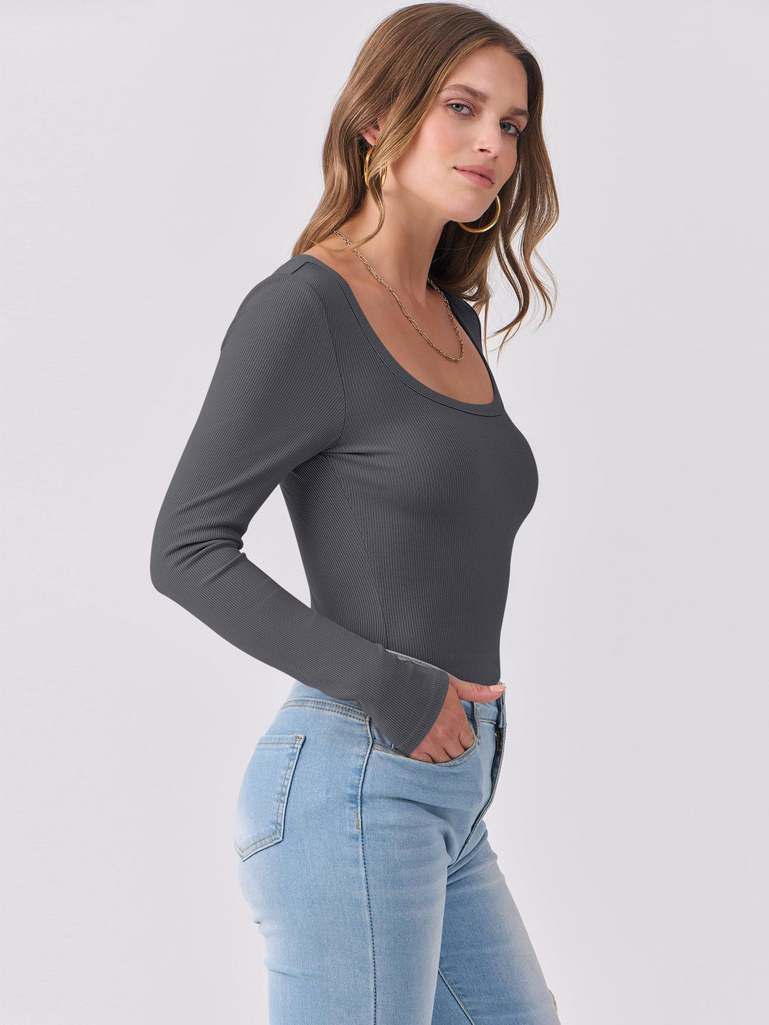 ANRABESS Long Sleeve Shirts for Women Ribbed Knit Slim Fitted Casual Tops Scoop Neck Basic Tee Spring Fall Fashion Clothes