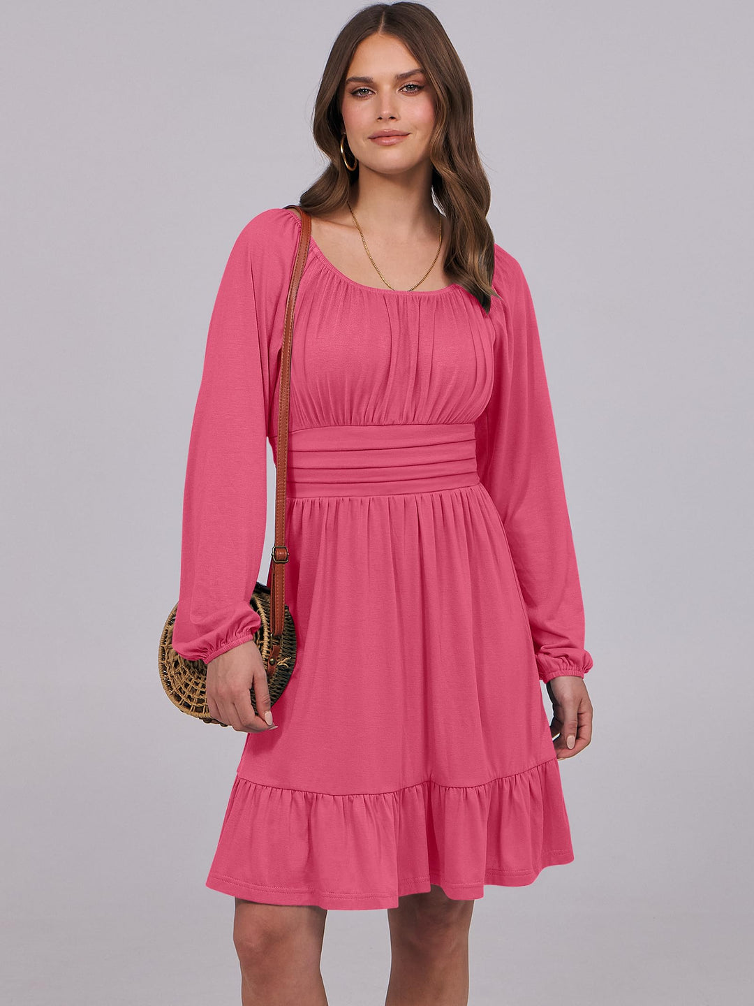 ANRABESS Womens Dress Long Lantern Sleeve Square Neck Elastic Waist Ruffle Flowy Swing A-Line Short Dresses 2026 Fall Fashion