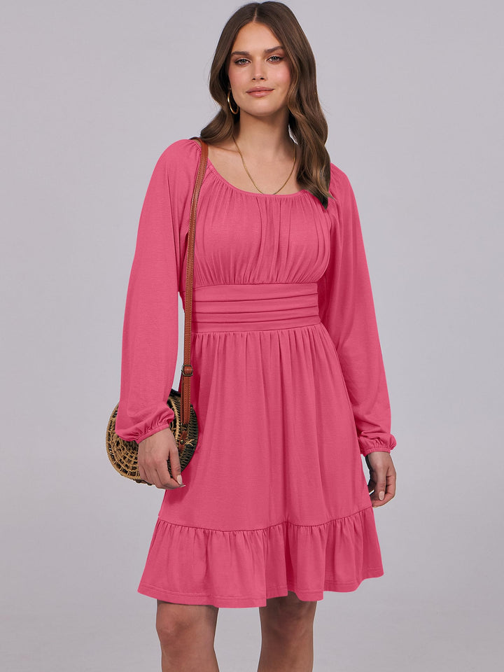 ANRABESS Womens Dress Long Lantern Sleeve Square Neck Elastic Waist Ruffle Flowy Swing A-Line Short Dresses 2026 Fall Fashion