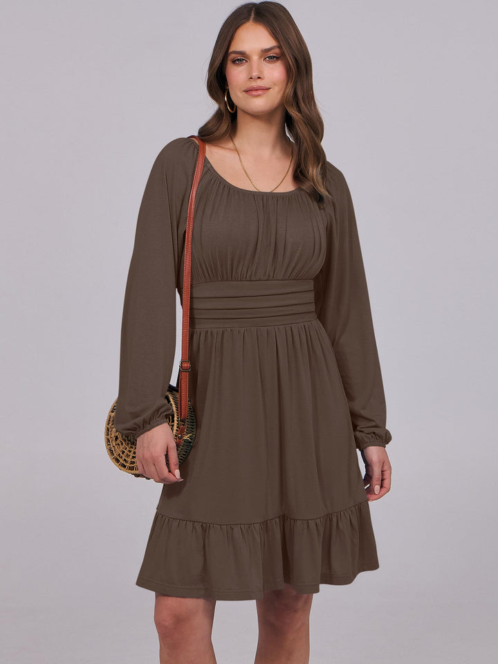 ANRABESS Womens Dress Long Lantern Sleeve Square Neck Elastic Waist Ruffle Flowy Swing A-Line Short Dresses 2026 Fall Fashion