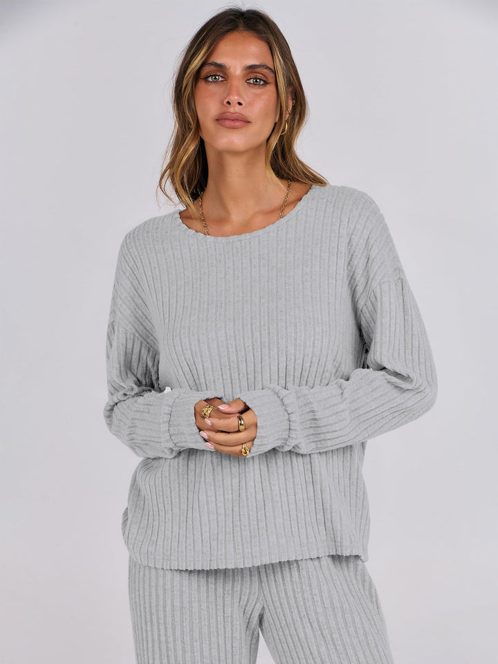 ANRABESS Women 2 Piece Lounge Pajamas Sets Casual Ribbed Knit Long Sleeve Top Pants Matching Set 2026 Fall Outfits Clothes