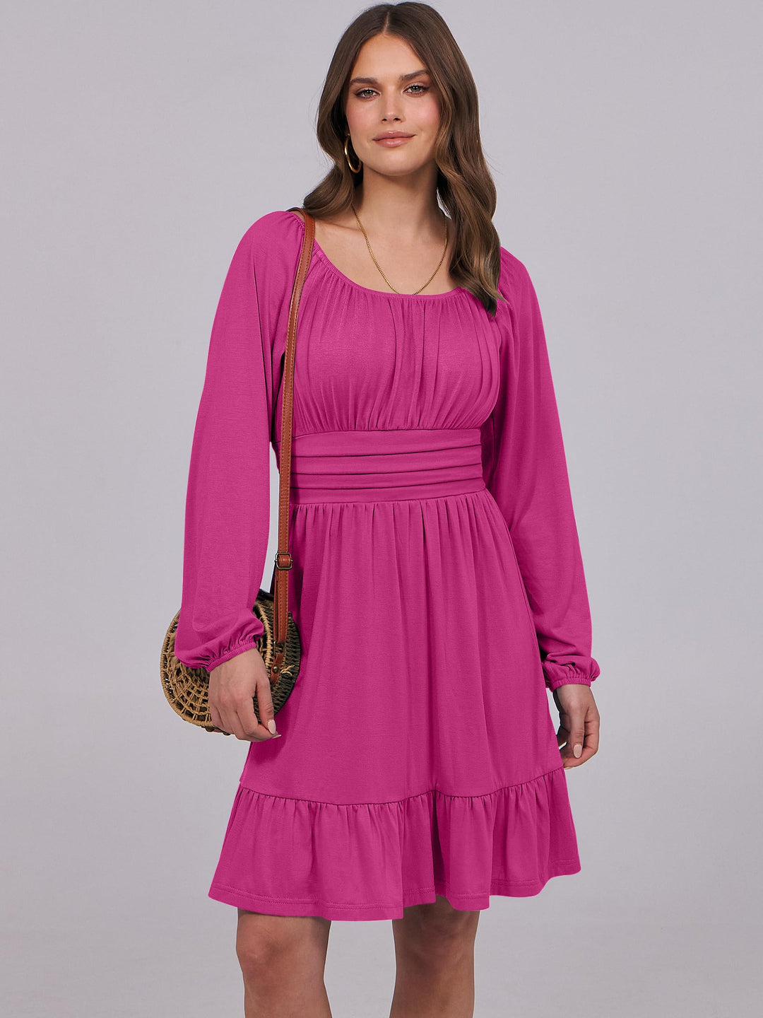 ANRABESS Womens Dress Long Lantern Sleeve Square Neck Elastic Waist Ruffle Flowy Swing A-Line Short Dresses 2026 Fall Fashion